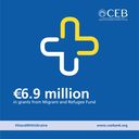 May be an image of text that says 'cEB + DUSE DEL'EUROPE €6.9 million in grants from Migrant and Refugee Fund #StandWithUkraine www.coebank.org'
